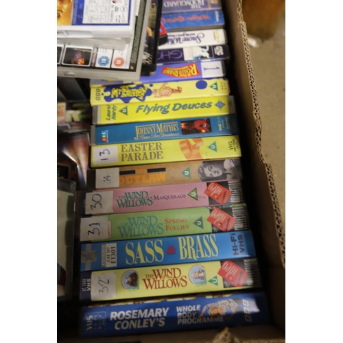 249 - 2 boxes of VHS, tapes & CDs