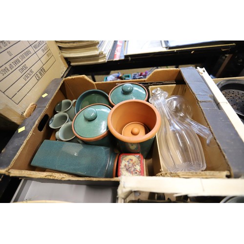 277 - 6 boxes of kitchenware, light bulbs & basket of lilies