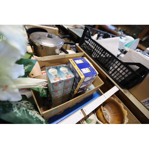 277 - 6 boxes of kitchenware, light bulbs & basket of lilies