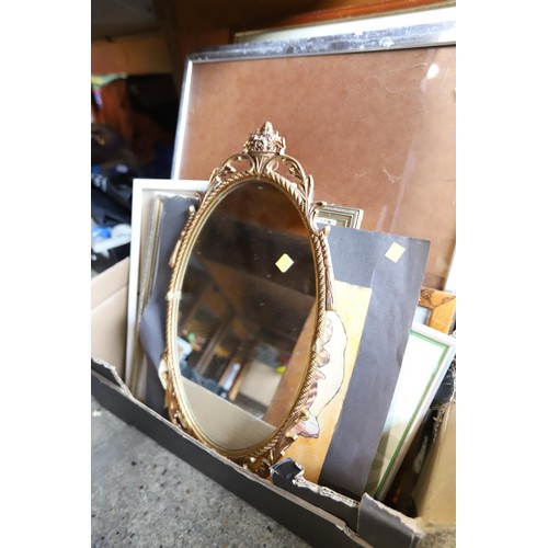 293 - Box of various pictures, frames, mirror