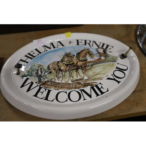 311 - Porcelain welcome plaque, David Sharp ceramics, Rye