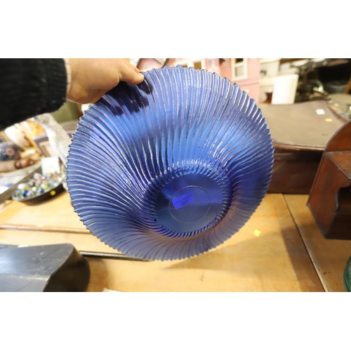 317 - Large blue flat glass bowl