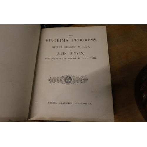 332 - 19th century Pilgrims progress & John Bunyan's work in large print volume with notes & 2x Boys Own b... 