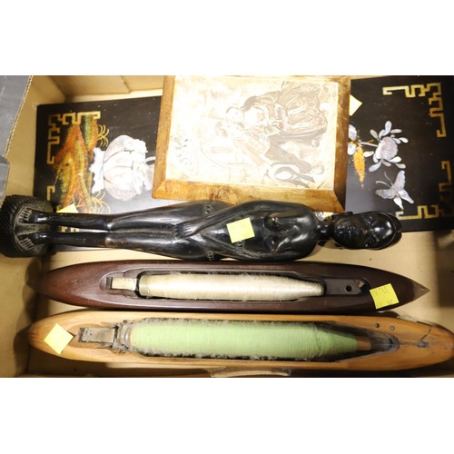 342 - Wooden items - ebony figure, 2 shuttles (wearing) & pearl inlaid plaque, etc