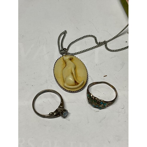 366 - 9ct gold ring (1.9gms total), silver ring, necklaces, etc