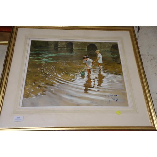 464 - 2 framed prints John Haskins helping held & toddler fishing