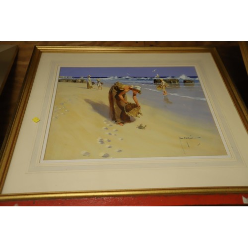 464 - 2 framed prints John Haskins helping held & toddler fishing