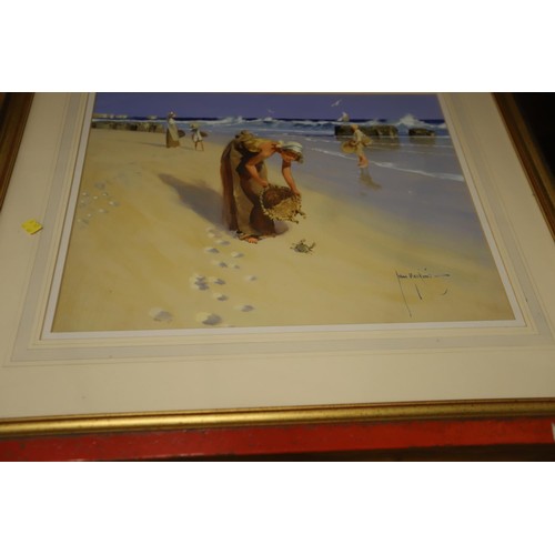 464 - 2 framed prints John Haskins helping held & toddler fishing