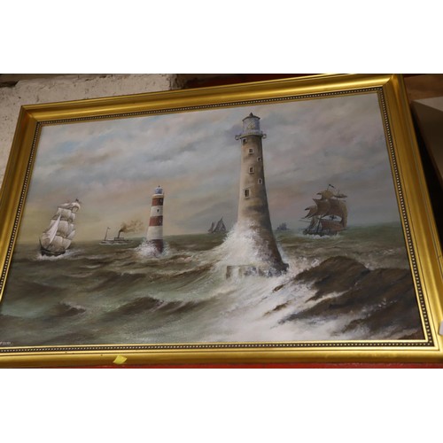 471 - Framed painting of light houses, signed S Peers