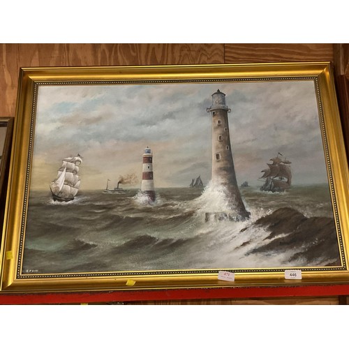 471 - Framed painting of light houses, signed S Peers