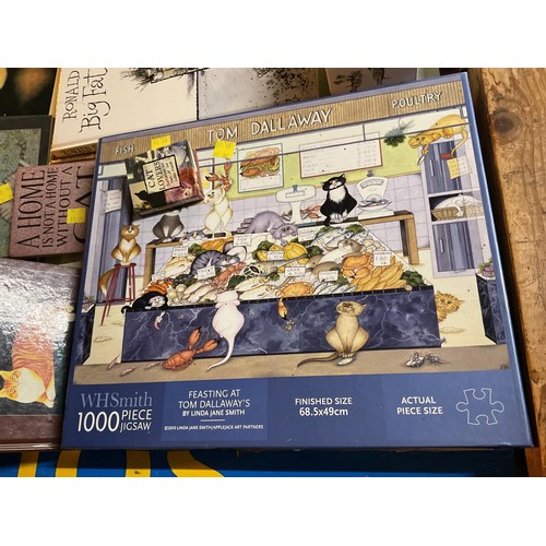 503 - Cat items - jigsaw, figures, Louis Wain picture, Ronald Seale book, etc