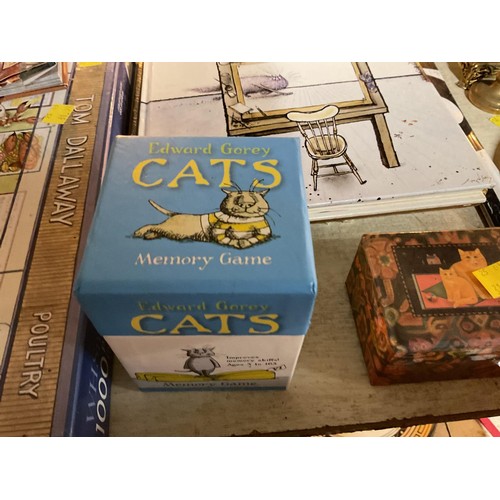 503 - Cat items - jigsaw, figures, Louis Wain picture, Ronald Seale book, etc