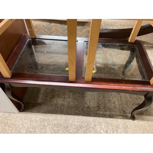 596 - Modern glass top coffee table, pair of dining chairs, chest of drawers