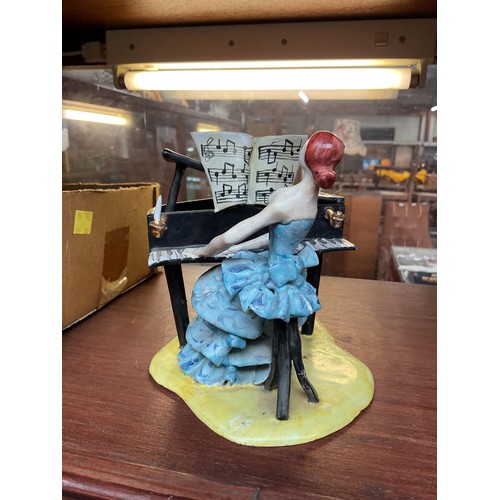 405 - Lady & piano signed ceramic sculpture/ornament