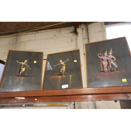 482 - 3 x pastel drawings of Thai dancers