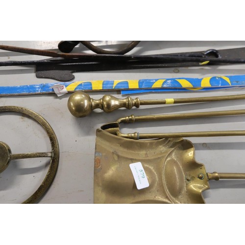 485 - Late 19th century 3 brass fire set + 1