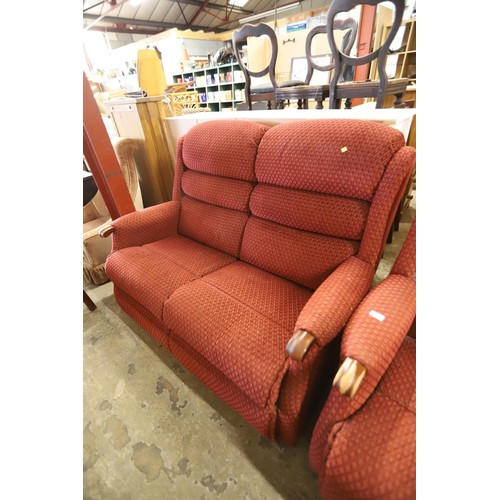 570 - Red 2-seater sofa & 2 chairs