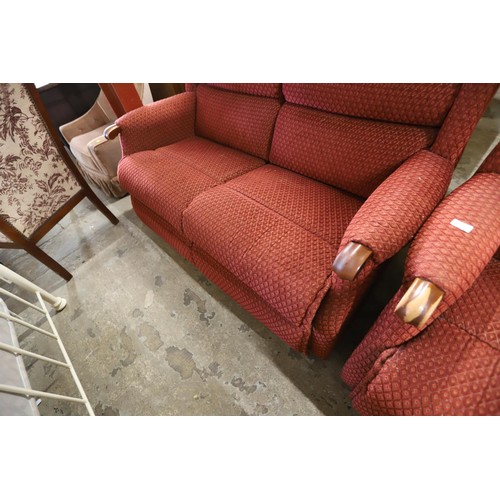 570 - Red 2-seater sofa & 2 chairs