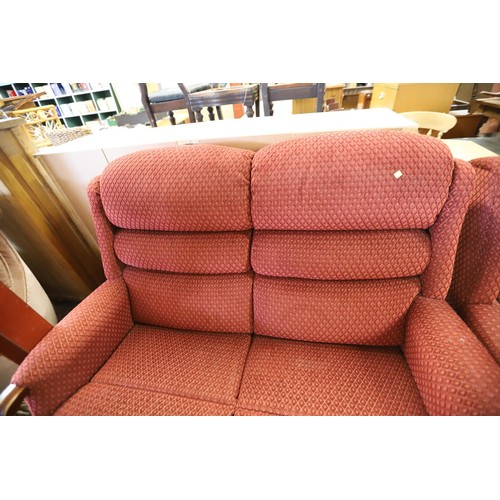 570 - Red 2-seater sofa & 2 chairs