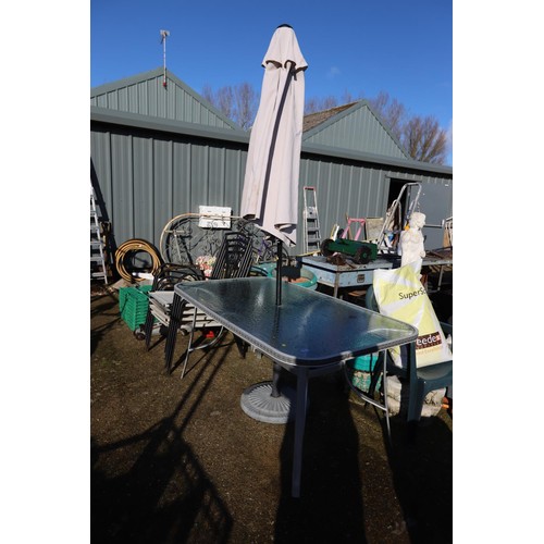 55 - Garden table, 4 chairs, parasol, cushions