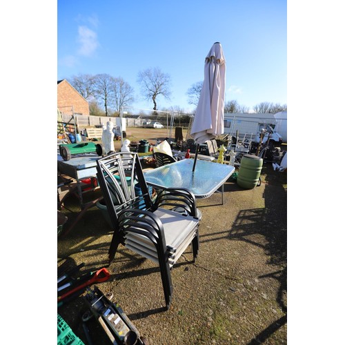 55 - Garden table, 4 chairs, parasol, cushions