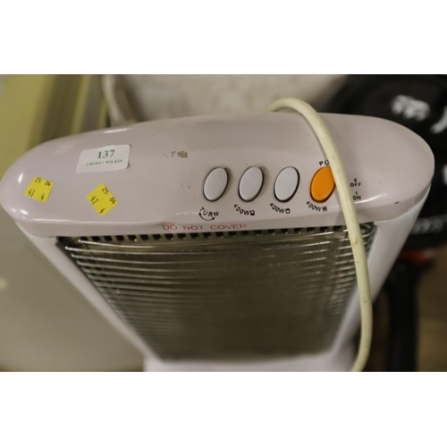 137 - 4 bar oscillating electric heater - warranted until 12 noon Tuesday following the above sale