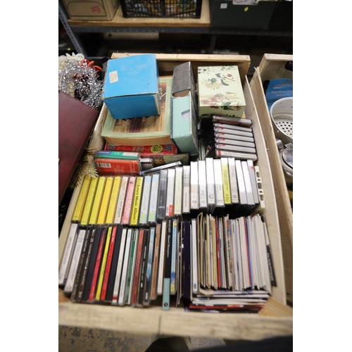 224 - 5 boxes of misc, incl tapes, CDs, Christmas decorations, ornaments, etc