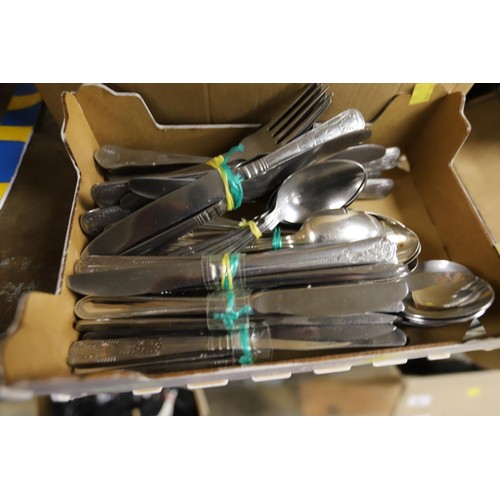 256 - Box of cutlery, china & glass t wares, shades, etc