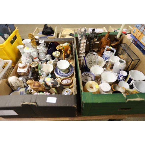 274 - 2 boxes of various ornaments, vases, mugs, etc