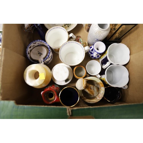 274 - 2 boxes of various ornaments, vases, mugs, etc