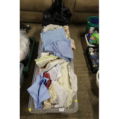 319 - 2 boxes of linen & towels, & a bag of linen, etc