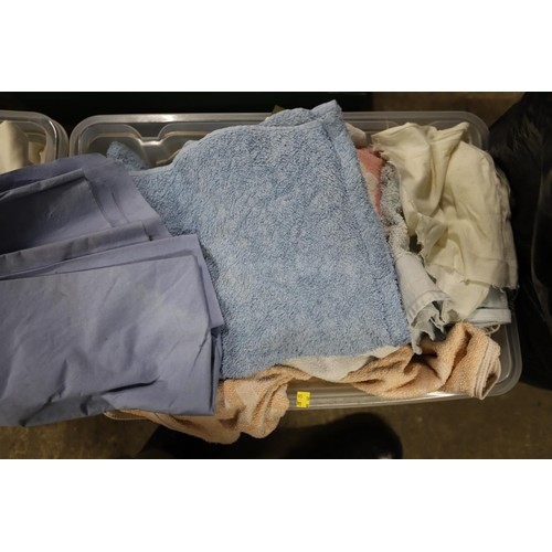 319 - 2 boxes of linen & towels, & a bag of linen, etc