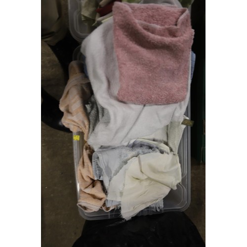 319 - 2 boxes of linen & towels, & a bag of linen, etc