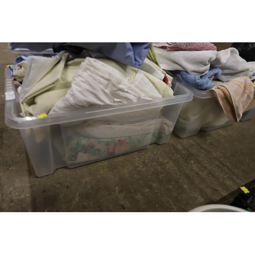 319 - 2 boxes of linen & towels, & a bag of linen, etc