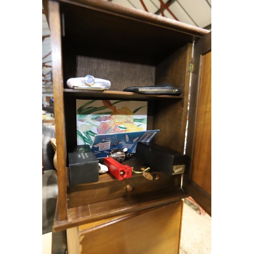 367 - Smokers inlaid cabinet with collection of pipes, penknives, hip flask, etc