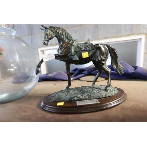 375 - Bronze style horse figurine on wooden base