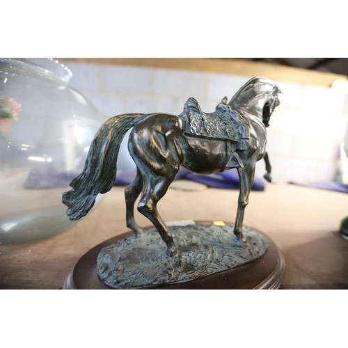 375 - Bronze style horse figurine on wooden base