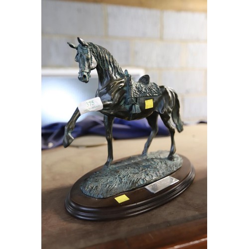 375 - Bronze style horse figurine on wooden base