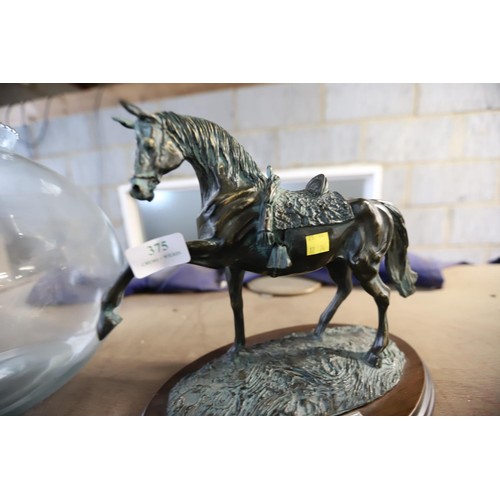 375 - Bronze style horse figurine on wooden base