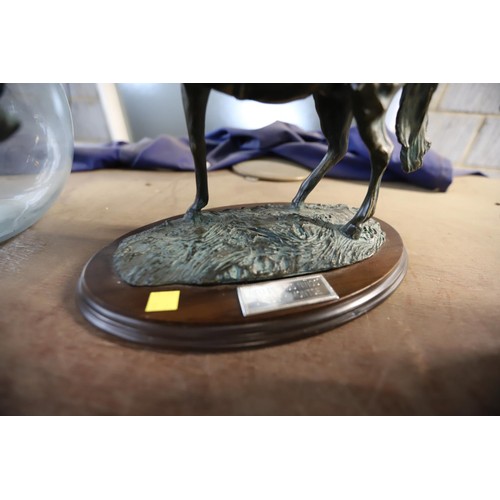 375 - Bronze style horse figurine on wooden base