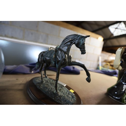 375 - Bronze style horse figurine on wooden base