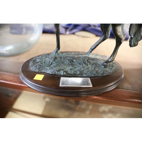 375 - Bronze style horse figurine on wooden base