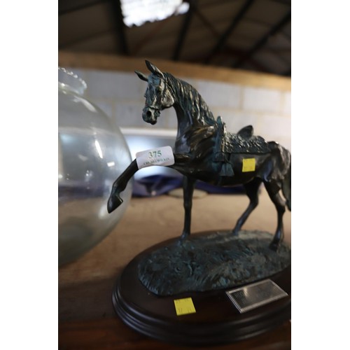 375 - Bronze style horse figurine on wooden base