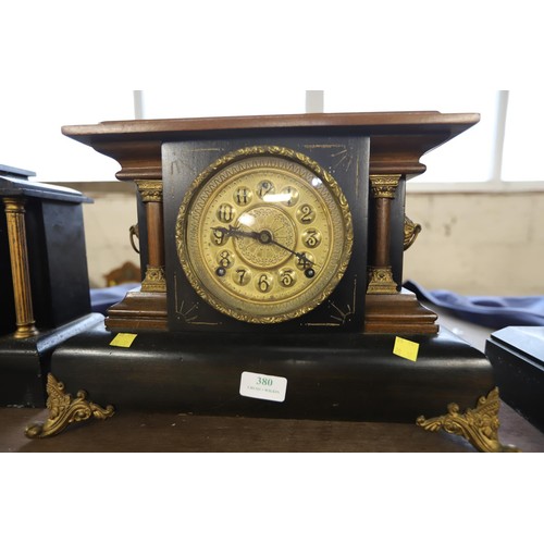 380 - Antique wooden mantle clock - key & pendulum inside