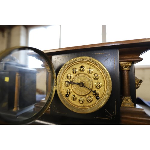 380 - Antique wooden mantle clock - key & pendulum inside