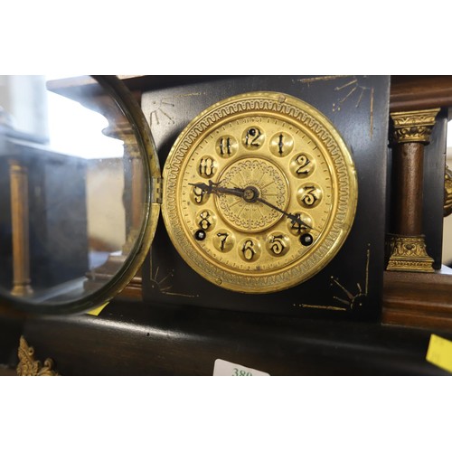 380 - Antique wooden mantle clock - key & pendulum inside