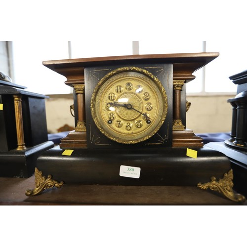 380 - Antique wooden mantle clock - key & pendulum inside