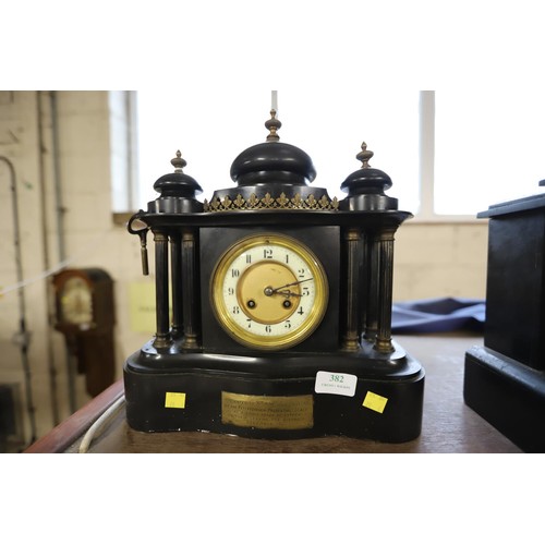 382 - Large antique Victorian marble mantle clock with key & pendulum inside