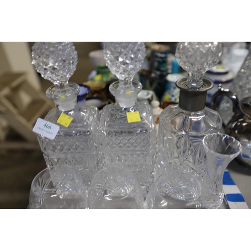 466 - 3 decanters, set of 5 brandy glasses, vase & others