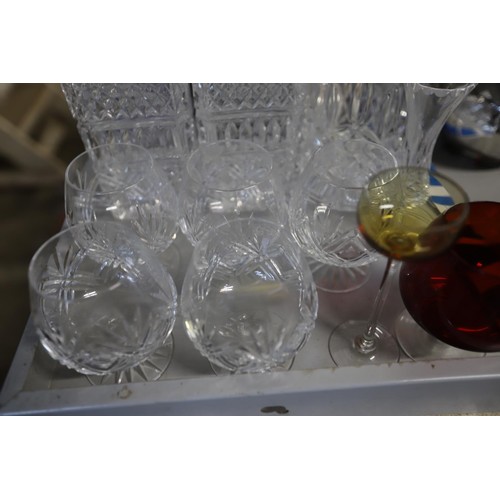 466 - 3 decanters, set of 5 brandy glasses, vase & others